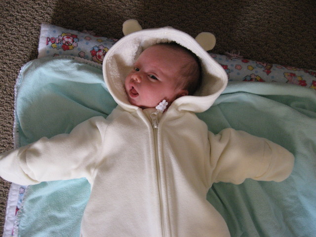 Maduson in her warm bear suit given to her from aunt Joce