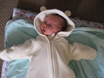 Maduson in her warm bear suit given to her from aunt Joce