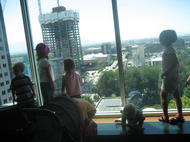 Cousins looking out from the Joseph Smith Memorial Building 3