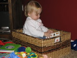 Madison found a comfy in her empty toy basket to read a book