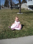 Modeling her Easter dress given to her by friend Penny