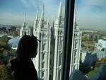 Madison looking at the SL temple from the Joseph Smith Memorial building